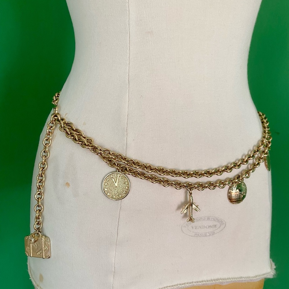 Vintage Keneth Jay Lane Gold Charm Chain Waist Belt Travel plane luggage Charms